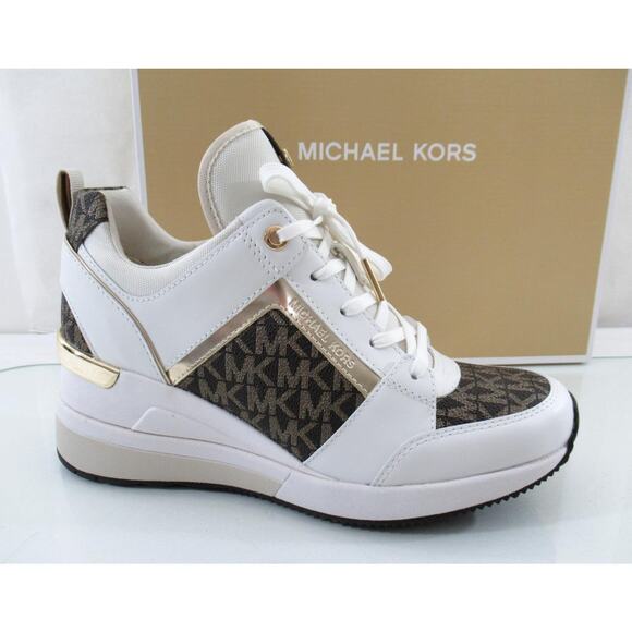 Michael Kors Georgie Trainer Wedge Sneakers MK Logo Optic White Multi - Picture 1 of 7
